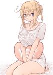  blue_eyes blush breasts commentary flying_sweatdrops jewelry kinpatsu-chan_(rucchiifu) large_breasts necklace original pun rucchiifu sitting smile solo yes yes-no_pillow 