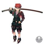  adapted_costume boots child crest full_body hand_on_hip male_focus ookanehira_(touken_ranbu) over_shoulder pointy_hair red_hair solo sword sword_over_shoulder tachi_(weapon) touken_ranbu u_0048 uniform weapon weapon_over_shoulder younger 