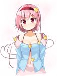  :&lt; adapted_costume arms_at_sides bare_shoulders blue_shirt blush breasts cleavage closed_mouth collarbone hairband heart heart_of_string komeiji_satori long_sleeves looking_at_viewer medium_breasts navel off-shoulder_shirt ominaeshi_(takenoko) pink_hair pink_skirt red_eyes shirt short_hair skirt solo touhou upper_body 
