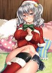  alternate_costume aran_sweater black_legwear blue_eyes blue_skirt blush boots bow breasts christmas_ornaments eyebrows_visible_through_hair frilled_pillow frills fur-trimmed_boots fur_trim green_bow hair_between_eyes hair_ornament hat heart heart_pillow highres indoors jacket kantai_collection kashima_(kantai_collection) keita_(tundereyuina) large_breasts long_sleeves looking_at_viewer on_bed pillow pleated_skirt red_footwear red_jacket santa_hat silver_hair skirt smile socks solo sweater twintails wooden_wall 
