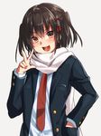  :d bangs blazer blush brown_eyes brown_hair buttons cosplay eyebrows_visible_through_hair grey_background hair_ornament hand_in_pocket jacket kantai_collection keita_(tundereyuina) long_sleeves looking_at_viewer necktie open_mouth pocket red_neckwear remodel_(kantai_collection) scarf school_uniform sendai_(kantai_collection) short_hair simple_background smile solo teeth two_side_up upper_body w wakaba_(kantai_collection) wakaba_(kantai_collection)_(cosplay) white_scarf 