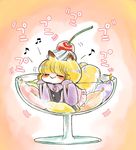  :&gt; animal_ears blonde_hair cherry child closed_eyes commentary cushion dress food food_on_head fox_ears fox_tail frilled_dress frills fruit fruit_on_head glass komaku_juushoku multiple_tails object_on_head smile solo tabard tail touhou two_tails whipped_cream white_dress wide_sleeves yakumo_ran younger 