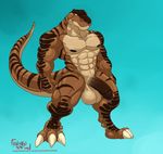  2016 4_toes abs anthro balls barefoot biceps big_tail biped black_nipples brown_penis brown_scales brown_stripes brown_tail claws countershade_tail countershade_torso countershading dewclaw digital_media_(artwork) digitigrade dinosaur front_view full-length_portrait gradient_background hi_res humanoid_penis hungothenomster long_tail male multicolored_scales multicolored_tail muscular muscular_male nipples nude pecs penis portrait quads saggy_balls scales scalie signature simple_background slit_pupils snout solo standing striped_scales striped_tail stripes tan_balls tan_countershading tan_scales tan_tail theropod thick_tail toe_claws toes tyler_(redmight) tyrannosaurus_rex uncut url white_claws yellow_eyes 