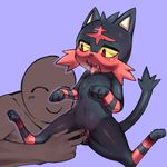  2016 bestiality black_fur black_nose cheek_tuft drooling duo female feral fingering fingering_partner fur human human_on_feral interspecies litten mammal nintendo omikuro open_mouth pok&eacute;mon purple_background pussy pussy_juice red_fur saliva simple_background slit_pupils smile spread_legs spreading tongue tongue_out tuft vaginal vaginal_fingering video_games yellow_sclera 