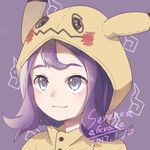  :3 acerola_(pokemon) akane_akane bangs blush close-up closed_mouth cosplay elite_four face flipped_hair gen_7_pokemon highres hood hoodie looking_to_the_side mimikyu mimikyu_(cosplay) pokemon pokemon_(game) pokemon_sm purple_background purple_eyes purple_hair short_hair signature simple_background solo trial_captain wavy_mouth 