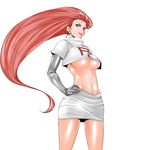  &gt;:) blue_eyes breasts closed_mouth cowboy_shot earrings elbow_gloves from_side gloves grey_gloves groin hair_slicked_back hand_on_hip jewelry large_breasts long_hair looking_at_viewer looking_to_the_side midriff musashi_(pokemon) navel pokemon pokemon_(anime) red_hair shiny shiny_skin short_sleeves skirt smile solo stomach team_rocket tuna21 underboob v-shaped_eyebrows very_long_hair white_background white_skirt 