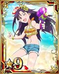  beach blue_shorts bracelet breasts card_(medium) cleavage collarbone crop_top day flower gun hair_flower hair_ornament hat holding holding_gun holding_weapon jewelry long_hair looking_at_viewer navel number ocean official_art one_eye_closed open_mouth pointy_ears purple_hair red_eyes short_shorts shorts small_breasts solo star sword_art_online sword_art_online:_code_register water_gun weapon yellow_flower yuuki_(sao) 