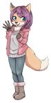 2017 5_fingers anthro bangs black_fur black_nose blue_eyes blush boots canine cheek_tuft chest_tuft clothing colored_sketch dipstick_tail fangs female footwear fox full-length_portrait fur hair hairclip hi_res kiriya looking_at_viewer mammal multicolored_tail open_mouth orange_fur pawpads portrait purple_hair simple_background solo teeth tuft waving white_background white_fur 