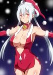  ahoge bare_shoulders bell bell_choker blush breasts choker christmas cowboy_shot dress elbow_gloves gloves hair_between_eyes hat hera_(hara0742) highres large_breasts long_hair looking_at_viewer matoi_(pso2) outstretched_arms phantasy_star phantasy_star_online_2 red_dress red_eyes santa_hat short_dress silver_hair skin_tight smile snowing solo twintails zipper 