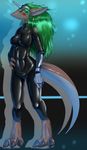  breasts clothing dragon female green_hair hair prosthetic_hand skinsuit tight_clothing yellow_eyes ほっぴんぐ 