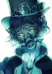  absurdres ascot bangs beads black_hair black_hat covered_mouth cyberpunk eyelashes fasna formal gas_mask glowing glowing_eyes green_eyes hat head_tilt highres horns looking_at_viewer male_focus original portrait simple_background solo top_hat white_background 