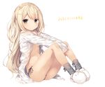  animal_slippers black_eyes black_panties blonde_hair full_body grey_legwear highres komeshiro_kasu long_hair milk_(komeshiro_kasu) navel off_shoulder one_side_up open_clothes open_shirt original panties shirt side-tie_panties simple_background sitting sleeves_past_wrists slippers socks solo string_panties underwear white_background 