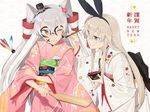  adjusting_clothes amatsukaze_(kantai_collection) blonde_hair bow bowl facepaint grey_eyes hagoita hair_bow hanetsuki happy_new_year hayashi_kewi japanese_clothes kantai_collection kimono leaning_forward long_hair looking_at_another multiple_girls new_year paddle paintbrush shimakaze_(kantai_collection) smirk wavy_mouth wide_sleeves wince yellow_eyes 