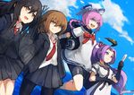  arm_warmers artist_name bangs bare_legs bike_shorts black_hair blue_sky braid brown_eyes brown_hair cloud commentary_request day dress fan gloves hair_between_eyes hair_ribbon hatsuharu_(kantai_collection) hatsushimo_(kantai_collection) headgear holding holding_fan jacket jumping kantai_collection lansane long_hair long_sleeves looking_afar multiple_girls neckerchief nenohi_(kantai_collection) ocean open_clothes open_collar open_jacket open_mouth pantyhose parted_bangs pink_eyes pink_hair pleated_skirt ponytail purple_eyes purple_hair ribbon rigging sailor_dress school_uniform shirt short_hair short_sleeves shorts shorts_under_skirt sidelocks skirt sky smile socks solo_focus wakaba_(kantai_collection) white_dress white_shirt 