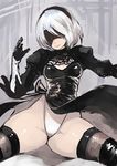  black_dress blindfold breasts cleavage dress facing_viewer hairband highres johan_(johan13) leotard lips nier_(series) nier_automata short_hair small_breasts solo spread_legs thighs white_hair white_leotard yorha_no._2_type_b 