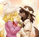  ! &lt;3 black_fur black_hair blonde_hair breasts canine clothed clothing dog duo female female/female fur gold_fur hair hat japanese_text kumainu mammal maribel_hearn pictographics renko_usami text touhou 