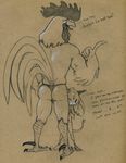  anthro avian beak big_ears bird bulge butt chicken clothing dialogue duo g-string greyscale horn humanoid imp male male/male monochrome nervous nude pencil_(artwork) size_difference spade_tail talking_to_viewer traditional_media_(artwork) tush tush_(character) underwear year_of_the_rooster 