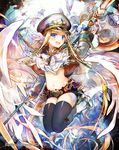  absurdres anatamouta belt black_legwear black_shorts blonde_hair blue_eyes halberd highres holding holding_weapon long_hair looking_at_viewer navel open_mouth polearm shorts solo thighhighs thousand_emperors weapon white_wings wings 