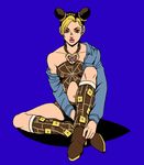  blonde_hair blue_background boots braid brown_hair coat double_bun full_body hage_tashuumi halter_top halterneck jojo_no_kimyou_na_bouken knee_boots kuujou_jolyne lipstick makeup multicolored_hair nail_polish navel off_shoulder pink_lipstick red_nails short_shorts shorts sitting solo stone_ocean two-tone_hair 