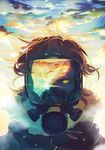  aqua_eyes brown_hair cloud cloudy_sky covered_mouth crying crying_with_eyes_open fasna floating_hair fur_trim gas_mask hair_between_eyes heterochromia highres light_particles looking_at_viewer male_focus original portrait reflection sky solo streaming_tears sunrise tears twilight yellow_eyes 