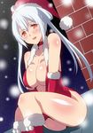 ahoge bare_shoulders blush boots breasts center_opening choker hair_between_eyes hat hera_(hara0742) highres large_breasts long_hair looking_at_viewer matoi_(pso2) phantasy_star phantasy_star_online_2 pom_pom_(clothes) red_eyes red_footwear rooftop santa_hat silver_hair sitting skin_tight snowing solo twintails 