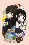  1girl airmail_envelope bad_id bad_pixiv_id bag bangs black_hair blunt_bangs book cactus card chibi chitanda_eru chocolate chocolate_heart cup envelope gakuran green_eyes heart hyouka maneki-neko messy_hair oreki_houtarou purple_eyes sagami_gumi satchel saucer school_uniform serafuku shoulder_angel tarot teacup whale 