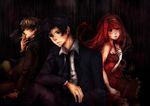  2boys bangs black_hair black_jacket blonde_hair blue_eyes business_suit cigarette david_hoover dress formal hairband highres holding jacket keith_baring long_hair multiple_boys necktie red_hair rempikka short_hair sophie_grundler suit the_boogie_man the_crooked_man the_sandman_(video_game) 