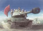  3boys earasensha ground_vehicle image_sample is-2 military military_vehicle motor_vehicle multiple_boys multiple_girls original pixiv_sample soviet_flag tank tank_turret 