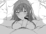  1girl bar_censor blush breast_press breasts censored collarbone cushion erection greyscale long_hair looking_at_viewer lying monochrome on_back parted_lips penis penis_on_face spread_legs tetsuo_(tetuo1129) tsurime veins veiny_penis 