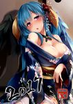  2017 bare_shoulders black_wings blue_hair blue_wings blush breasts cleavage dd_mayohara dizzy feathered_wings floral_print guilty_gear hair_ornament japanese_clothes kimono large_breasts long_hair looking_at_viewer obi red_eyes sash solo wings 