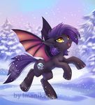  bat_pony cutie_mark day detailed_background digital_media_(artwork) eyelashes fan_character fangs female feral hair hooves imanika my_little_pony nude open_mouth outside purple_hair smile snow snowing solo yellow_eyes 