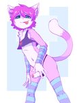  5_fingers anthro armwear cat clothed clothing croptop crossdressing erection feline fur green_eyes hair humanoid_penis legwear male mammal nobusuke partially_retracted_foreskin penis pink_fur pink_hair simple_background solo standing stockings teenager thong tongue tongue_out uncut young 
