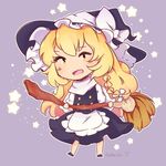  apron blonde_hair blush braid broom chibi full_body hat holding holding_broom kirisame_marisa long_hair nanneichii scarf side_braid signature single_braid solo star touhou waist_apron wavy_hair witch_hat yellow_eyes 