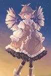  black_legwear boots brown_dress commentary_request curtsey dress hat juliet_sleeves knee_boots long_sleeves mob_cap mystia_lorelei pantyhose petticoat pink_hair puffy_long_sleeves puffy_sleeves sasurai_no_kuchibuefuki smile solo touhou wings winter_clothes yellow_eyes 