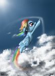  blue_feathers day equine eyelashes feathers female feral flying friendship_is_magic hair hooves mammal multicolored_hair my_little_pony neko-me nude open_mouth outside pegasus rainbow_dash_(mlp) rainbow_hair sky smile wings 