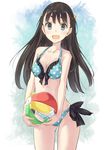  :d aqua_bikini ass_visible_through_thighs ball bangs beachball bikini black_hair blue_eyes blush commentary_request cowboy_shot front-tie_bikini front-tie_top hiwatari_rin long_hair looking_at_viewer open_mouth original polka_dot polka_dot_bikini side-tie_bikini smile solo swimsuit thick_eyebrows 