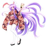  absurdly_long_hair animal_ears breasts bunny_ears full_body furisode highres japanese_clothes kimono kou_(inaba) large_breasts lavender_hair long_hair looking_at_viewer obi open_mouth red_eyes reisen_udongein_inaba sash short_kimono simple_background solo tabi thighhighs touhou very_long_hair white_background white_legwear wide_sleeves zettai_ryouiki 