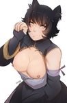  1girl animal_ears arm_warmers artist_name belt black_hair breasts buckle cardigan cat_ears ear_piercing hakama jacket kali_belladonna looking_at_viewer milf nipples reverselaw rwby short_hair sleeve smile wrinkles yellow_eyes 