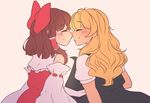  2girls ^_^ bare_shoulders blush bow closed_eyes couple detached_sleeves dress hair_bow hair_tubes hakurei_reimu happy hat hat_removed headwear_removed incipient_kiss kirisame_marisa large_bow long_hair multiple_girls nanneichii nose-to-nose smile touhou wavy_hair witch_hat yuri 