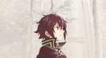  animated animated_gif artist_request bangs black_cloak black_hair branch brooch closed_mouth expressionless fog forest green_eyes high_collar hyakuya_yuuichirou jewelry looking_up male_focus military military_uniform nature owari_no_seraph snowing solo tree uniform upper_body 