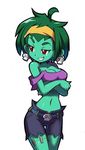  1girl belt breasts cleavage crossed_arms green_hair green_skin hairband makoto_yabe midriff navel off_shoulder red_eyes rottytops shantae shantae_(series) short_hair shorts skull_earrings smile smirk solo stitches stomach strap_slip teeth torn_clothes zombie 