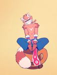  barefoot clothed clothing eyes_closed feet_together front_view male mammal mao_(chirenbo) piti_yindee plantigrade red_panda sitting slim smile solo topless 
