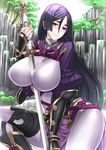  angelo_(gomahangetsu) between_breasts bodysuit breasts fate/grand_order fate_(series) highres huge_breasts katana long_hair minamoto_no_raikou_(fate/grand_order) purple_eyes purple_hair smile solo sword thick_thighs thighs very_long_hair weapon 