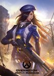  2017 alternate_costume alternate_hairstyle ana_(overwatch) beret black_hair captain_amari copyright_name dark_skin dated gun hat highres logo long_hair looking_to_the_side overwatch parted_lips rifle sniper_rifle solo sunset weapon x.four younger 