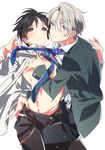  bad_id bad_pixiv_id belt black_hair blue_eyes brown_eyes eyes_visible_through_hair formal kasuga_souichi katsuki_yuuri male_focus multiple_boys necktie necktie_grab neckwear_grab open_clothes open_shirt shirt silver_hair smile suit undressing viktor_nikiforov yaoi yuri!!!_on_ice 