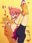  1girl arm_up armpits ass blush blush_stickers breasts cameltoe crop_top crotch exercise eyebrows hair_tie headphones headset kneehighs leg_up metata orange_legwear original pink_eyes pink_hair ponytail shoes short_hair shorts small_breasts smile sneakers socks solo sports_bra stretch sweat teeth 