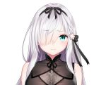  1girl :i black_dress black_hairband black_neckwear black_ribbon blue_eyes blush commentary_request dress eyebrows_visible_through_hair flower hair_flower hair_ornament hair_over_one_eye hair_ribbon hairband kamiki_kinu kinu_channel looking_at_viewer neck_ribbon one_eye_covered pink_flower pout ribbon simple_background solo upper_body white_background white_hair yasuyuki 