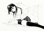  bangs bed black_legwear black_skirt blush book bookshelf dutch_angle greyscale hiwatari_rin indoors long_hair looking_down monochrome open_book original pillow pursed_lips reading school_uniform serafuku short_sleeves sitting skirt solo yokozuwari 