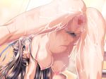  1girl blue_eyes breasts brown_hair censored cum cum_on_lower_body erect_nipples game_cg hair_ribbon large_breasts long_hair mosaic_censoring natsuiro_communication nude pubic_hair sex solo_focus terios tsukishima_chinatsu vaginal wet yokota_mamoru 