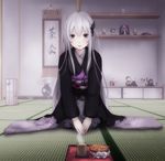  alternate_costume black_eyes black_kimono bowl butterfly_hair_ornament character_doll commentary_request cup echidna_(re:zero) emilia_(re:zero) hair_between_eyes hair_ornament hanging_scroll indoors japanese_clothes kagami_mochi kimono long_hair looking_at_viewer natsuki_subaru nikuman_(samara) obi plate re:zero_kara_hajimeru_isekai_seikatsu sash scroll seiza silver_hair sitting solo steam tatami tea tokonoma tray wide_sleeves yunomi 